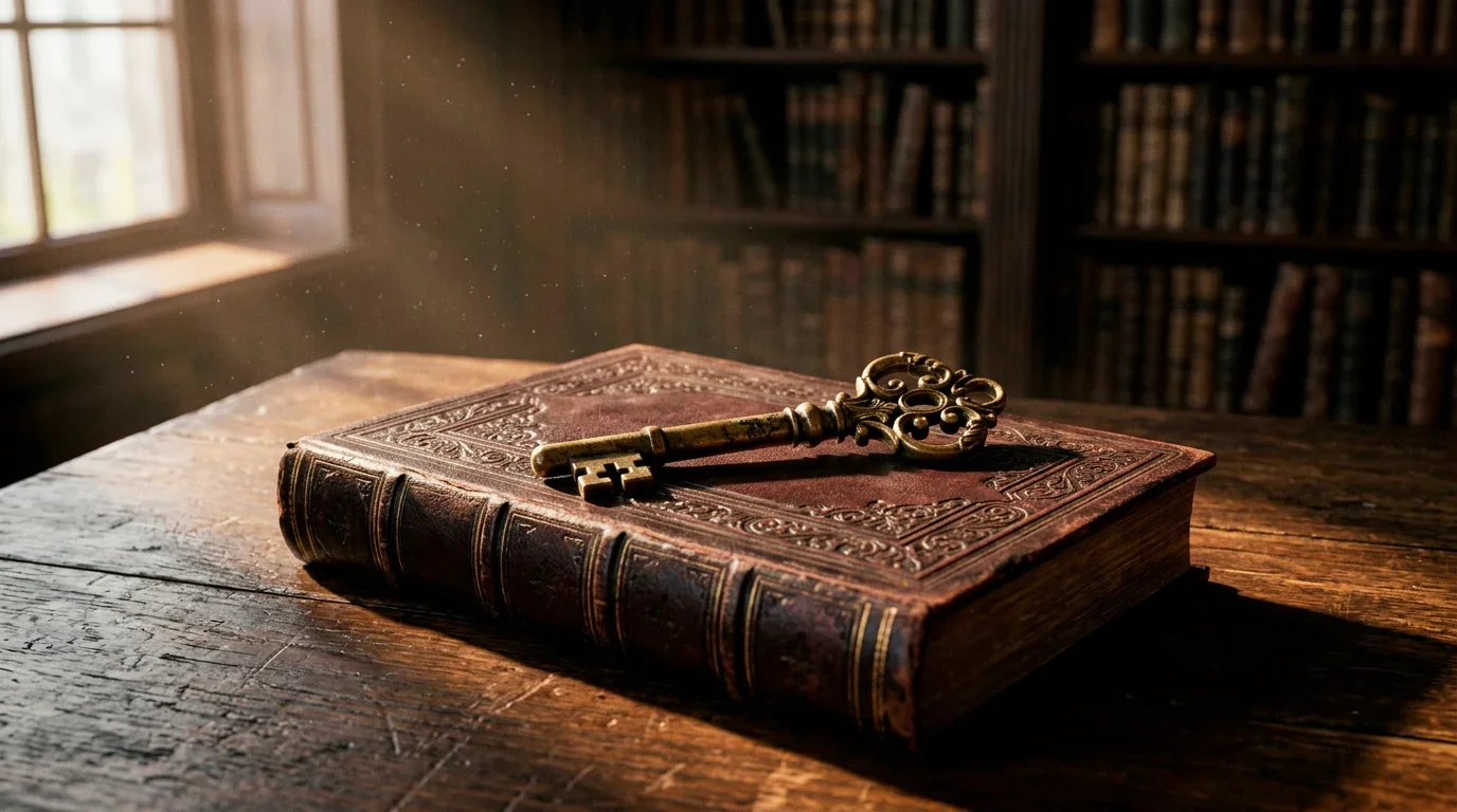 Chiave antica di ottone appoggiata su un libro rilegato in pelle scura sopra una scrivania in legno