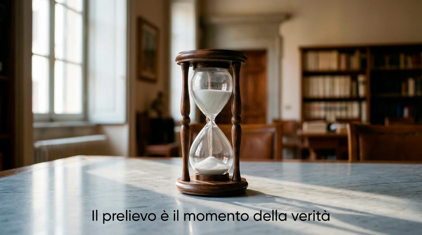 Clessidra di vetro e legno antico su scrivania di marmo con luce naturale che filtra dalla finestra